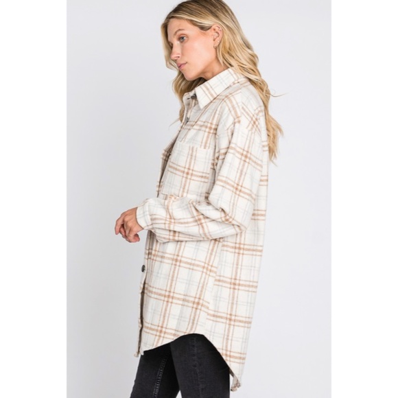 SOLD OUT Beige Plaid Flannel Oversized Shacket Shirt Jacket - Picture 7 of 9